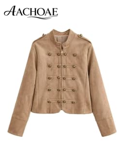 AACHOAE Women Vintage Military Faux Suede Jacket Stand Collar Metal Button Cropped Short Coat Casual Autumn Outerwear