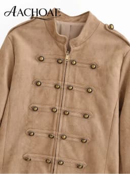 AACHOAE Women Vintage Military Faux Suede Jacket Stand Collar Metal Button Cropped Short Coat Casual Autumn Outerwear