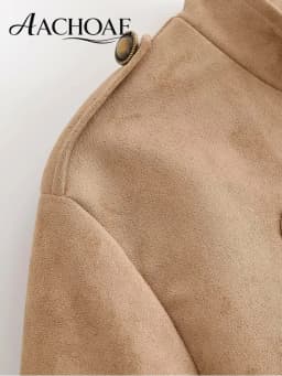 AACHOAE Women Vintage Military Faux Suede Jacket Stand Collar Metal Button Cropped Short Coat Casual Autumn Outerwear