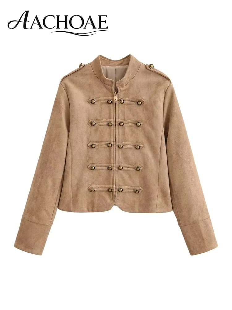 AACHOAE Women Vintage Military Faux Suede Jacket Stand Collar Metal Button Cropped Short Coat Casual Autumn Outerwear