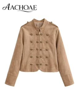 AACHOAE Women Vintage Military Faux Suede Jacket Stand Collar Metal Button Cropped Short Coat Casual Autumn Outerwear