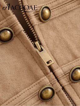 AACHOAE Women Vintage Military Faux Suede Jacket Stand Collar Metal Button Cropped Short Coat Casual Autumn Outerwear