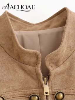 AACHOAE Women Vintage Military Faux Suede Jacket Stand Collar Metal Button Cropped Short Coat Casual Autumn Outerwear