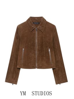 Retro Brown Stand Collar Bared Back Short Leather Jacket Women Zipper Merald Outerwear American Style Long Sleeve Winter Coat