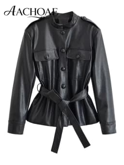 AACHOAE Women PU Leather Jacket Belted Waist Coat Stand Collar Button Front Long Sleeve Casual Vintage Faux Leather Outerwear
