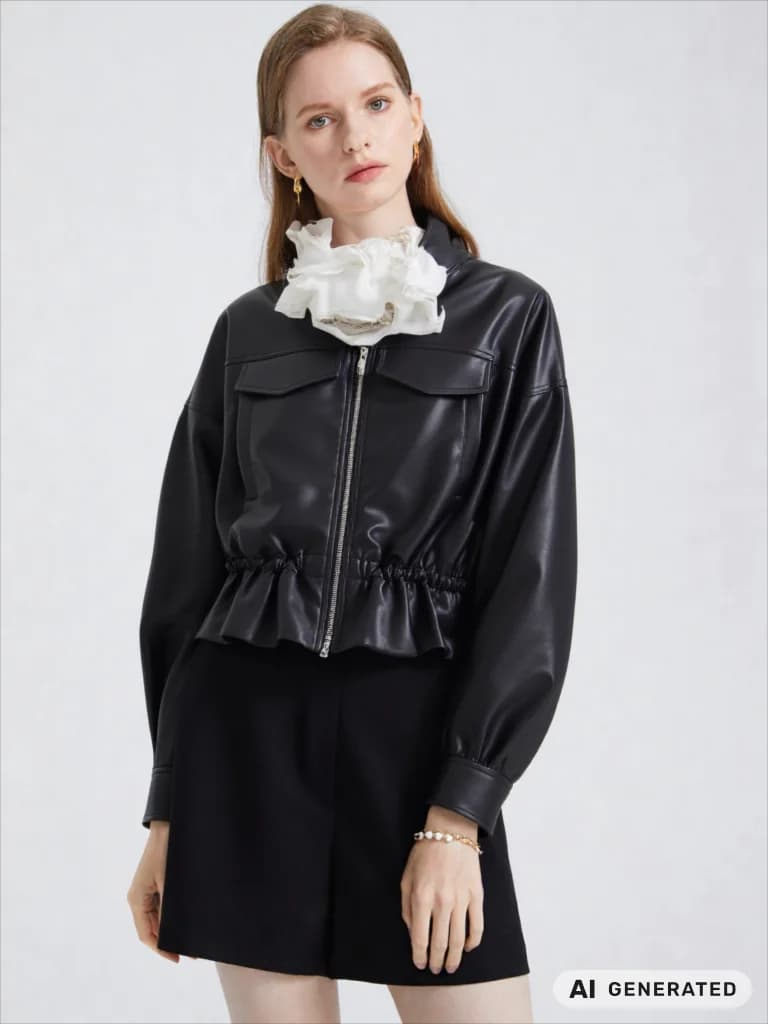 Women Autumn Winter Faux Soft Leather Jackets Coats Lady Brown Black PU Zipper Motorcycle Streetwear Ruffles Tops Brand Casual