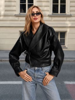 HH Women Vintage Faux Leather Jacket Front Side Buckle Belt Design Long Sleeve Lapel Short Coat Autumn Fashion Street Outerwear