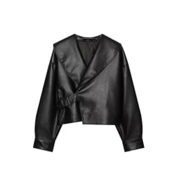 HH Women Vintage Faux Leather Jacket Front Side Buckle Belt Design Long Sleeve Lapel Short Coat Autumn Fashion Street Outerwear