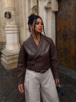 HH Women Vintage Faux Leather Jacket Front Side Buckle Belt Design Long Sleeve Lapel Short Coat Autumn Fashion Street Outerwear