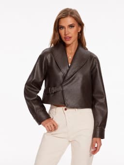 HH Women Vintage Faux Leather Jacket Front Side Buckle Belt Design Long Sleeve Lapel Short Coat Autumn Fashion Street Outerwear
