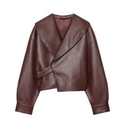 HH Women Vintage Faux Leather Jacket Front Side Buckle Belt Design Long Sleeve Lapel Short Coat Autumn Fashion Street Outerwear