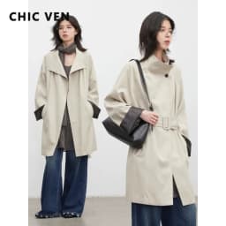 CHIC VEN Korean Women Mid Length PU Jacket Stand Collar One-button Laced Up Overcoat Office Lady Trench Coat Spring Autumn 2026