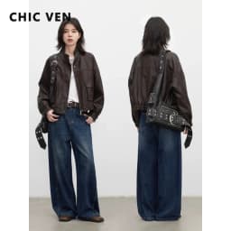CHIC VEN Retro Coffee Women Faux Leather Jackets Fashion Stand Up Collar Zipper Casual Short Coats Spring Autumn New 2026