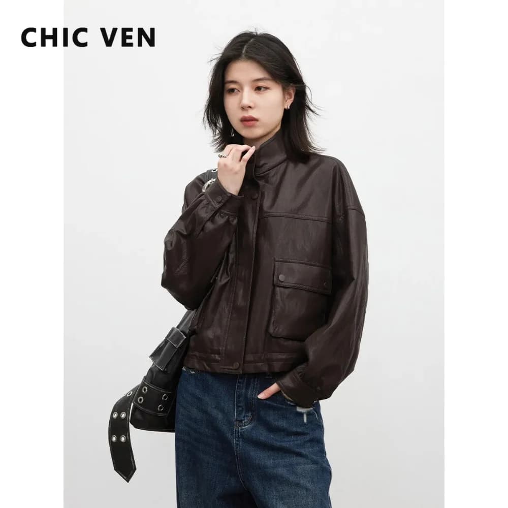 CHIC VEN Retro Coffee Women Faux Leather Jackets Fashion Stand Up Collar Zipper Casual Short Coats Spring Autumn New 2026