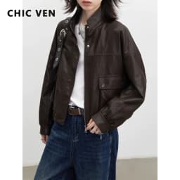 CHIC VEN Retro Coffee Women Faux Leather Jackets Fashion Stand Up Collar Zipper Casual Short Coats Spring Autumn New 2026