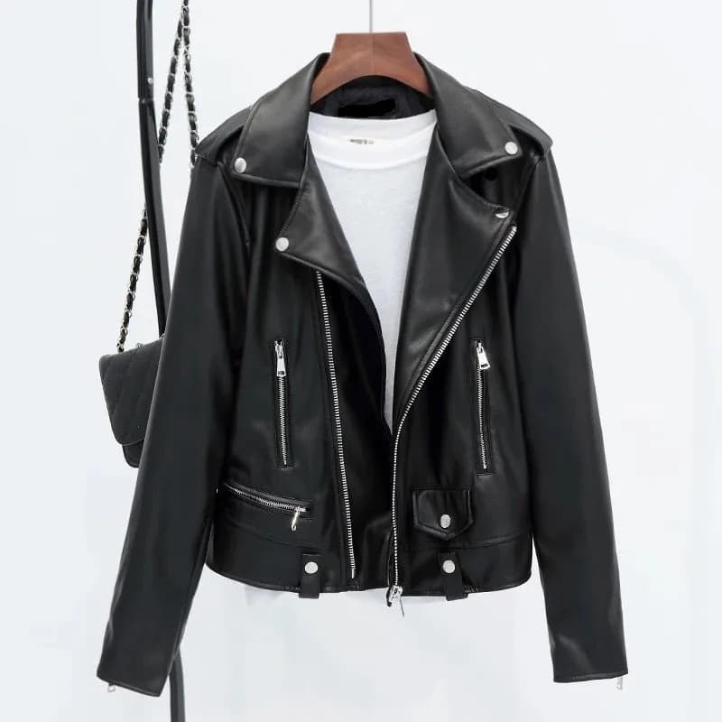 Fashionable Zipper Flip-Collar Pure Color Women's Leather Jacket Coat Stylish Outerwear Commute Style Synthetic Leather Long ...