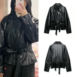 Guobioziy Women's Jacket 2026 Autumn New Fashion Long-Sleeve Turn-Down Collar Leather-Effect Belted Waist Coat