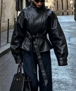 Guobioziy Women's Jacket 2026 Autumn New Fashion Long-Sleeve Turn-Down Collar Leather-Effect Belted Waist Coat