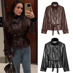 Women's Short Leather Effect Trench Coat, Lapel Double Breasted Windbreaker with Belt, Vintage Faux Leather Jacket