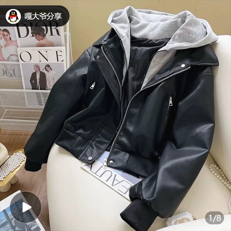 Korean Fashion Splice Design Hat Jacket Women's Spring 2026 Versatile Leather Jacket Fake Two-Piece Outerwear