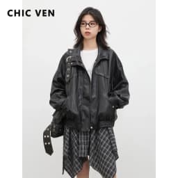 CHIC VEN Women Faux Leather Jackets Vintage Casual Solid Loose Stand Up Collar Coats Girl PU Clothes Spring Autumn New 2026