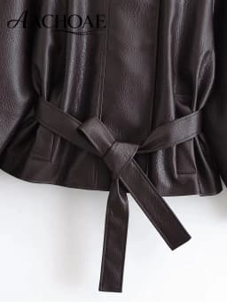 AACHOAE Women Faux Leather Jacket Belted Waist Oversized PU Leather Coat Long Sleeve Loose Chic Autumn Winter Fashion Outerwear