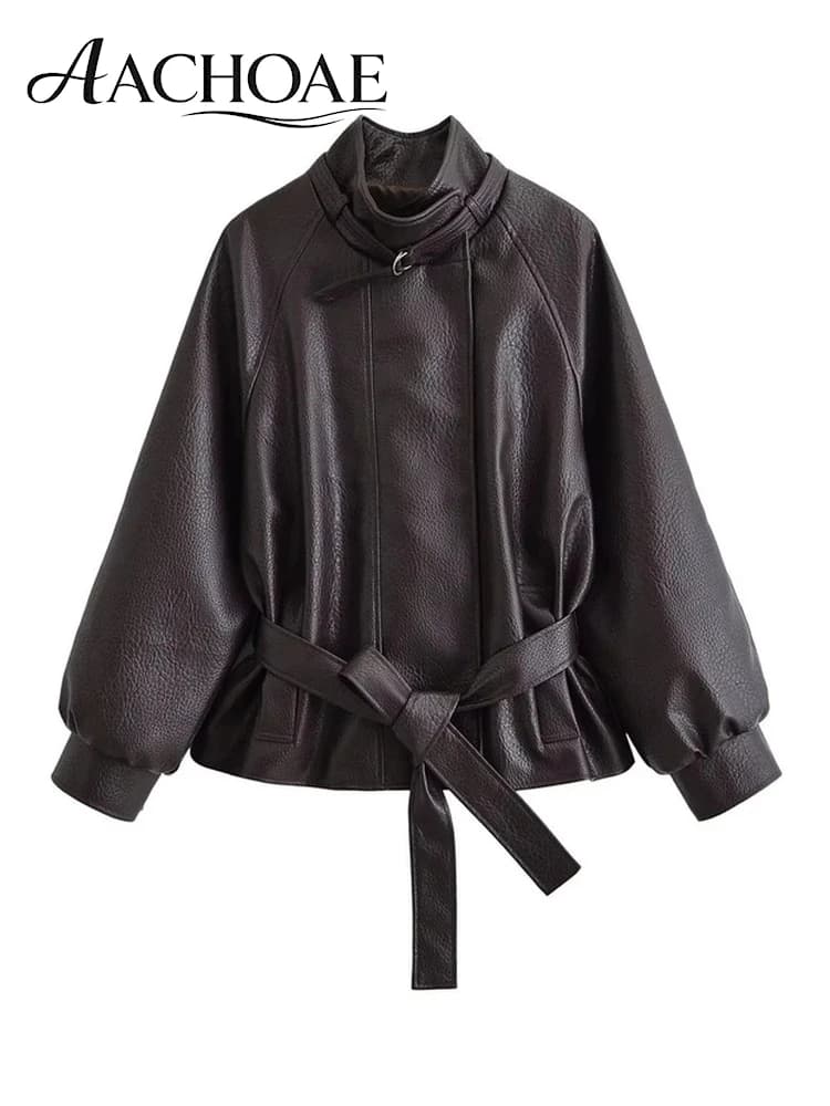 AACHOAE Women Faux Leather Jacket Belted Waist Oversized PU Leather Coat Long Sleeve Loose Chic Autumn Winter Fashion Outerwear