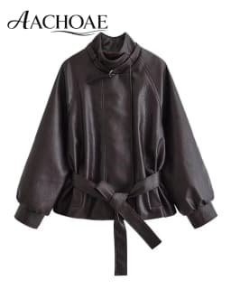 AACHOAE Women Faux Leather Jacket Belted Waist Oversized PU Leather Coat Long Sleeve Loose Chic Autumn Winter Fashion Outerwear