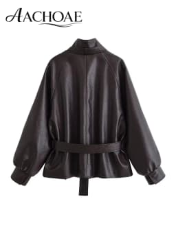 AACHOAE Women Faux Leather Jacket Belted Waist Oversized PU Leather Coat Long Sleeve Loose Chic Autumn Winter Fashion Outerwear