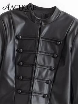 AACHOAE Women Faux Leather Jacket PU Military Button Stand Collar Zip Up Slim Short Coat Streetwear Autumn Winter Outerwear