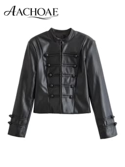 AACHOAE Women Faux Leather Jacket PU Military Button Stand Collar Zip Up Slim Short Coat Streetwear Autumn Winter Outerwear