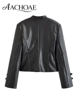 AACHOAE Women Faux Leather Jacket PU Military Button Stand Collar Zip Up Slim Short Coat Streetwear Autumn Winter Outerwear