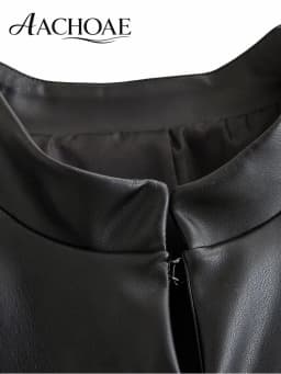 AACHOAE Women Faux Leather Jacket PU Military Button Stand Collar Zip Up Slim Short Coat Streetwear Autumn Winter Outerwear