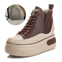 High Top Women Shoes Genuine leather 8cm Platform Boots Wedge Hidden Heel Zip Spring Autumn Warm Fur Winter Shoes Sneakers