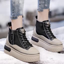 High Top Women Shoes Genuine leather 8cm Platform Boots Wedge Hidden Heel Zip Spring Autumn Warm Fur Winter Shoes Sneakers