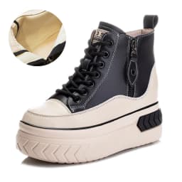 High Top Women Shoes Genuine leather 8cm Platform Boots Wedge Hidden Heel Zip Spring Autumn Warm Fur Winter Shoes Sneakers