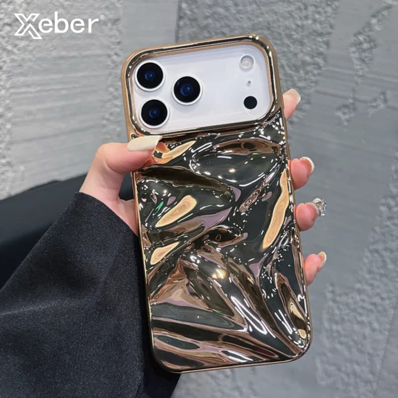 Luxury Electroplate Silvery 3D Wrinkle Phone Case For iPhone 17 16 15 14 13 12 Pro Max Plating Water Ripple Shockproof Cover