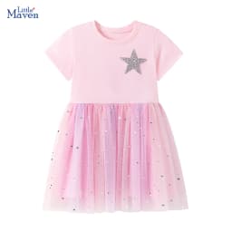 Little maven Baby Girls Clothes 2026 Summer Children's Clothing Cartoon Stars Birthday Gifts Mesh Dresses 2-7 Years Kids