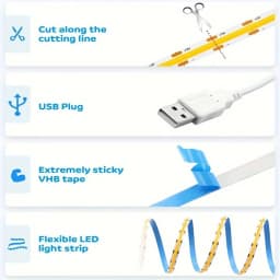 1-5M USB Power COB LED Strip Light Touch Switch Dimmable For Indoor Lighting Living Room Bedroom Wardrobe TV Background Kitchen
