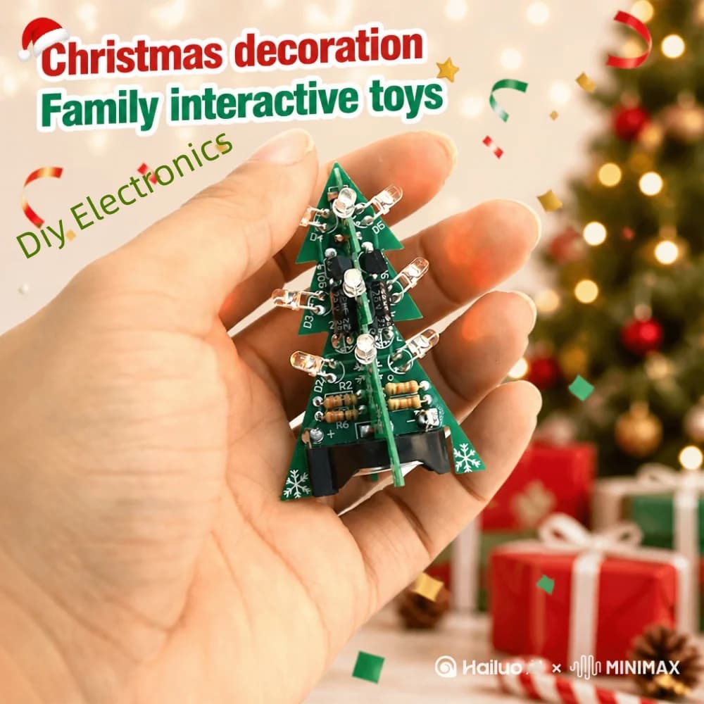 DIY Electronics Kit 3D Christmas Tree Soldering Practice Electronic Science Assembly Kit 3 Color Flashing LED PCB