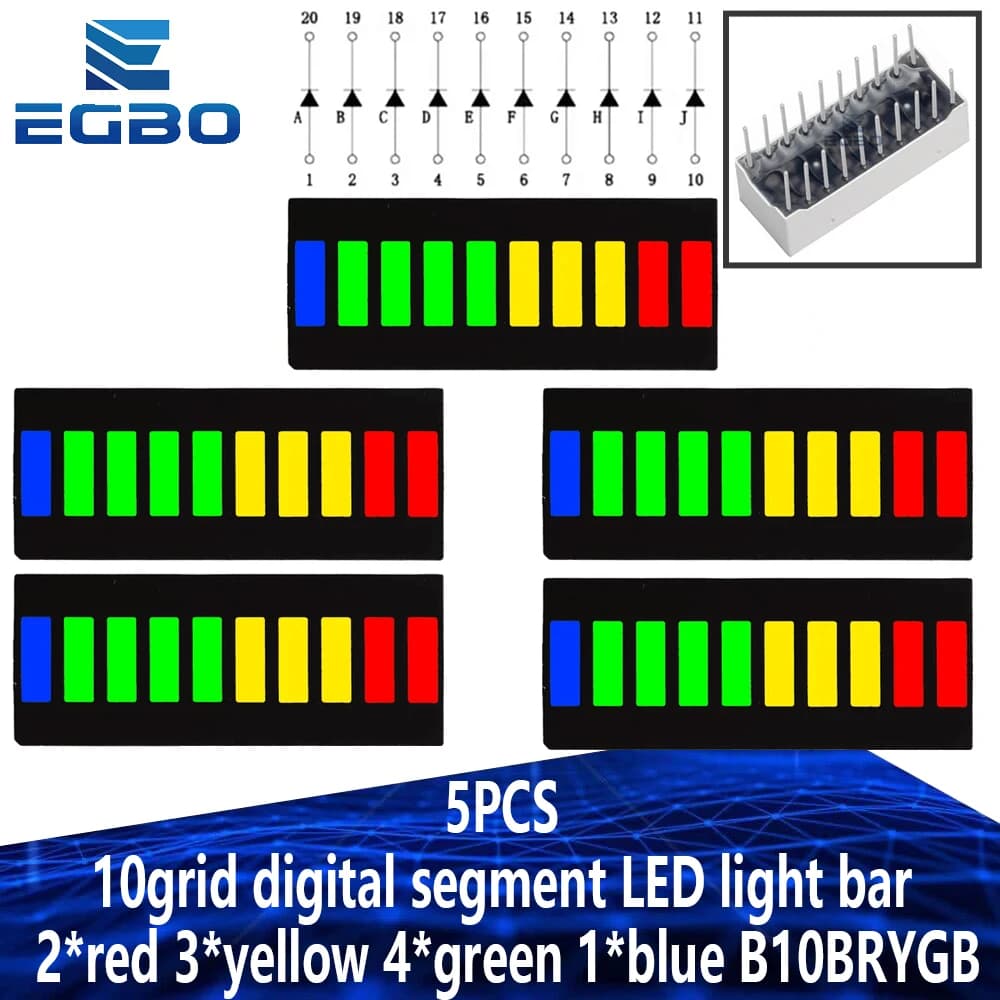 1~10PCS EGBO 10grid Digital Segment LED Light Bar Super Bright 2 Red+3 Yellow+4 Green+1 Blue Light Flat Tube B10BRYGB