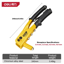 Pop Rivet Gun 20Cr Alloy Steel Jaws Hand Riveter 4 Interchangeable Nozzles 2.4/3.2/4/4.8mm Blind Rivet Tool for Metal Sheet