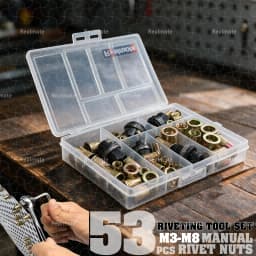 53pcs Rivet Nut Tool Set M3-M8 Manual Carbon Steel Riveter Kit 5 Mandrels 48 Nuts for Automotive Repair Sheet Metal Fastening