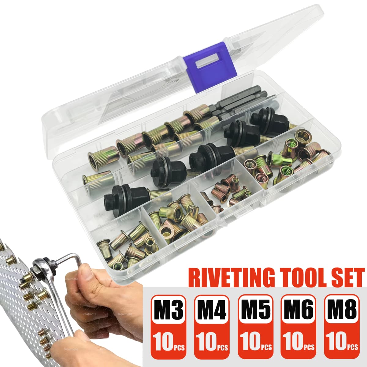 60PCS Hand Rivet Nut Tool Kit M3-M8 Carbon Steel Rivnut Set Manual Riveter Threaded Insert Nuts for Automotive DIY Metalwork