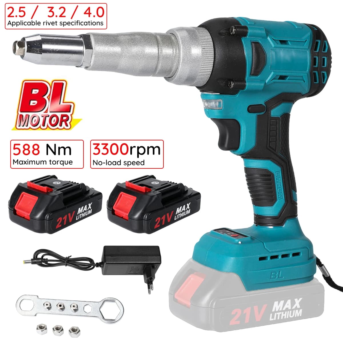 Brushless Electric Rivet Gun Cordless Rivet Nut Gun Drill Insert Automatic Riveting Tool With 2Pcs Battery