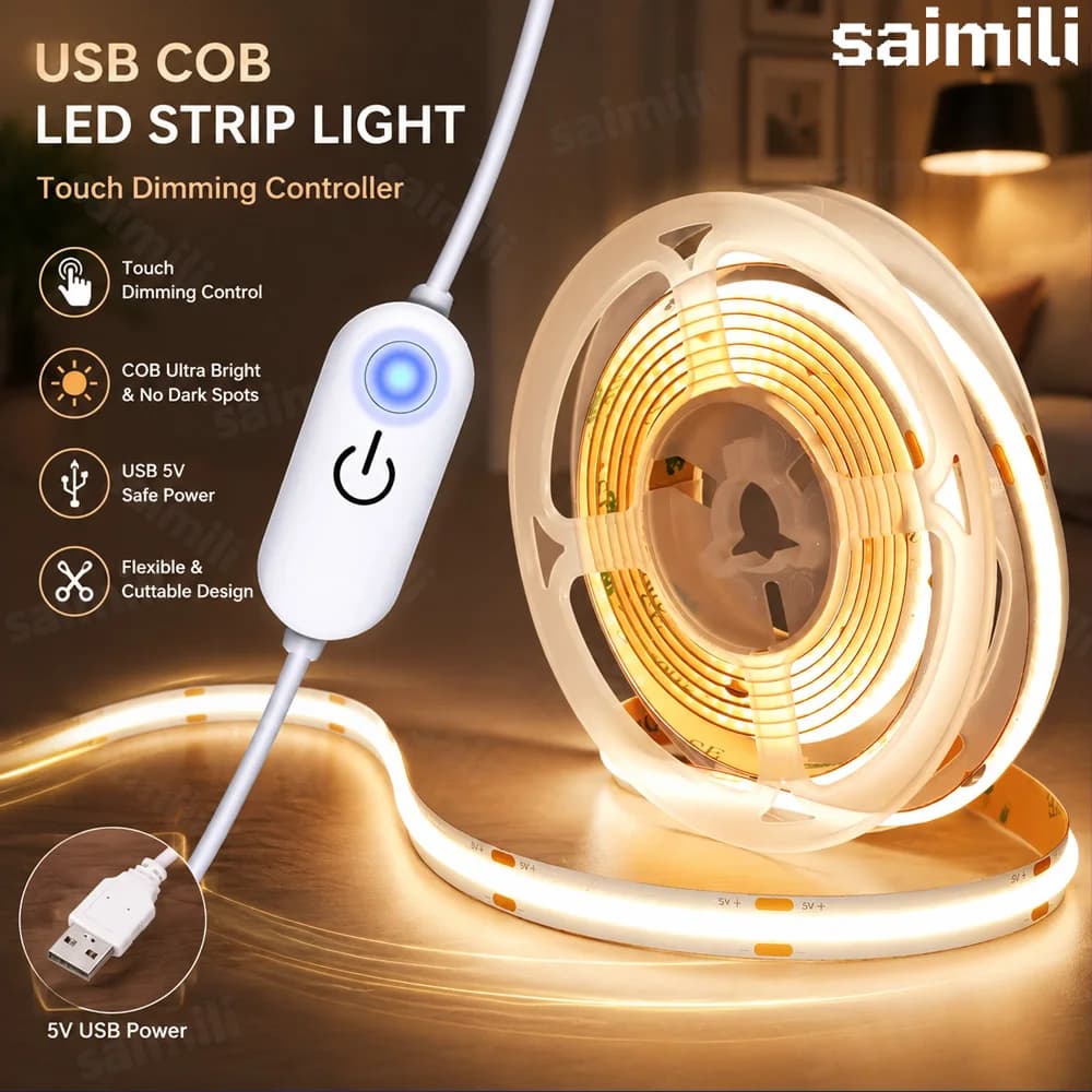 5V USB COB LED Strip Touch Control Dimmer Flexible Linear Self Adhesive Tape Lamp For Cabinet Wardrobe Mirror Backlight Lighting