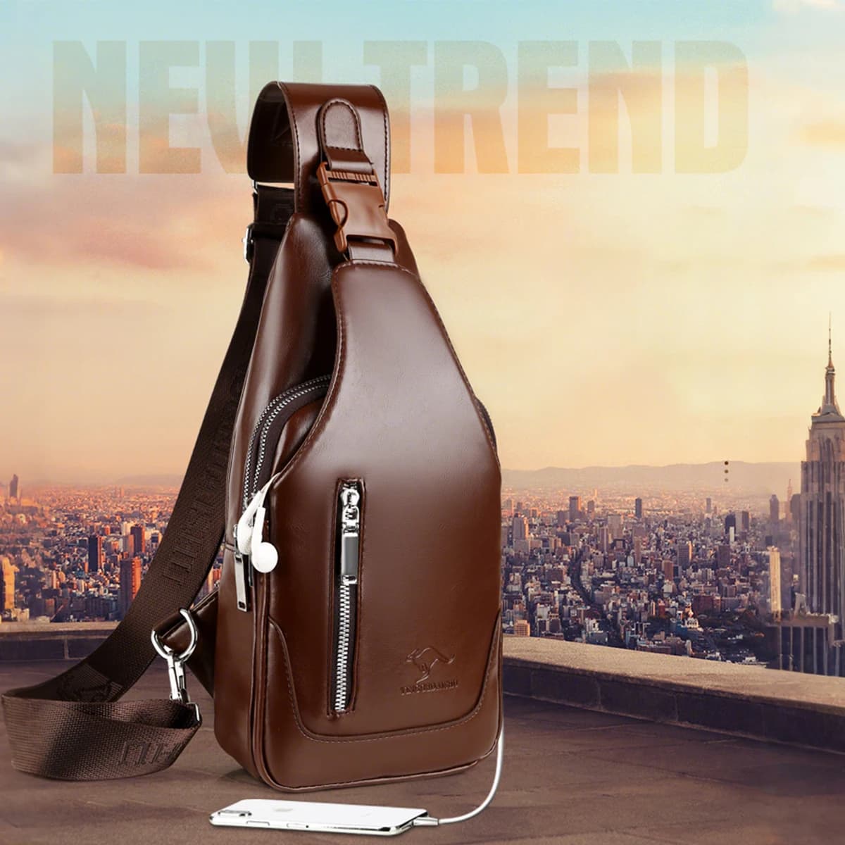 Business Casual Men Chest Bag USB Port Multi-Pocket PU Stitched Luster Zipper Shoulder Bag for Commute Shopping Storage Bag