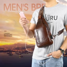 Business Casual Men Chest Bag USB Port Multi-Pocket PU Stitched Luster Zipper Shoulder Bag for Commute Shopping Storage Bag