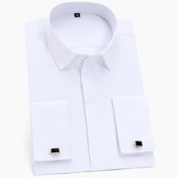 Men's Classic French Cuffs Solid Dress Shirt Fly Front Placket Formal Business Standard-fit Long Sleeve Office Work White Shirts