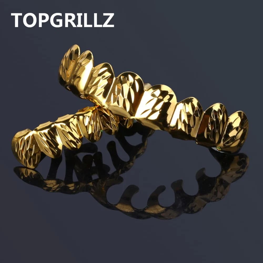 TOPGRILLZ New Fit Gold Silver Color D-Cut Top & Bottom Teeth Grillz With Silicone Hip Hop Rock Jewelry Christmas Gift